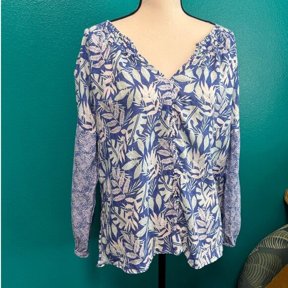 Sigrid Olsen 100% Linen Blue Botanical Long Sleeve Peasant Blouse Women's Large - Picture 3 of 10